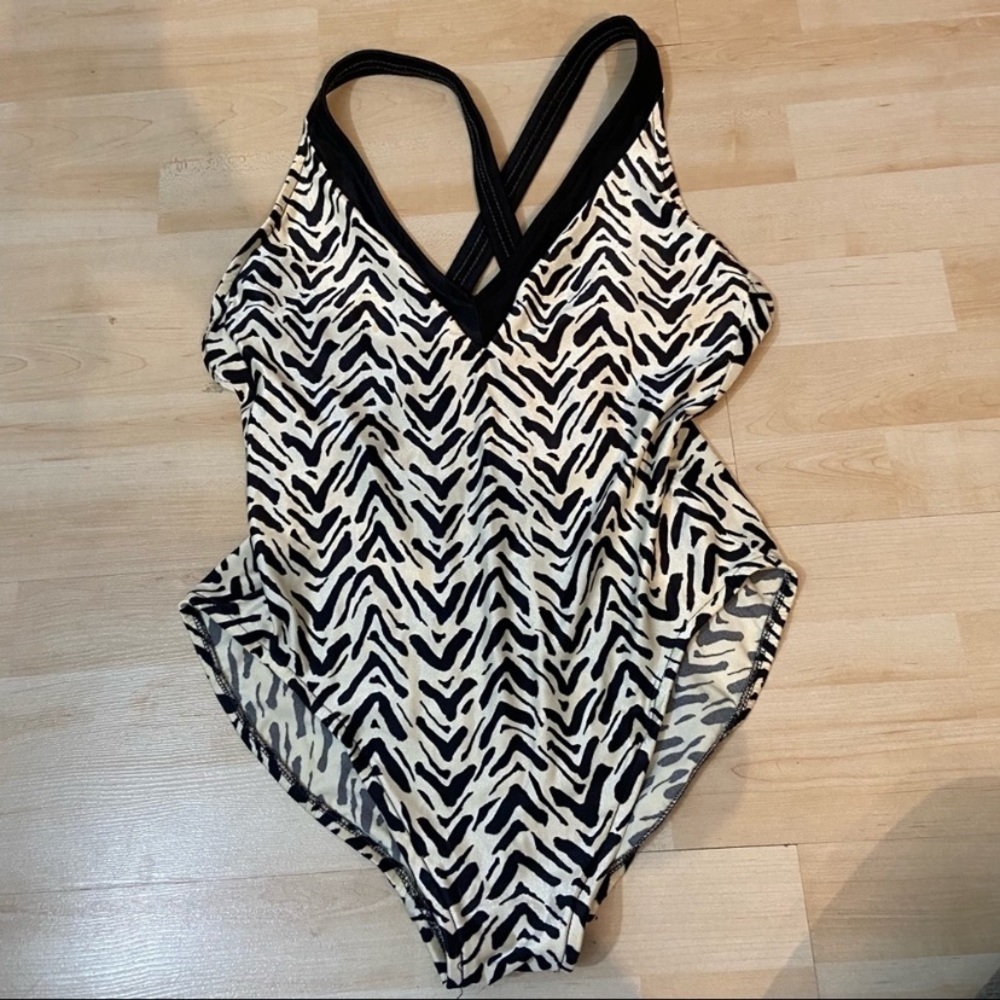 Vintage Cole  women’s black & white cross strap one piece swim suit in size 14